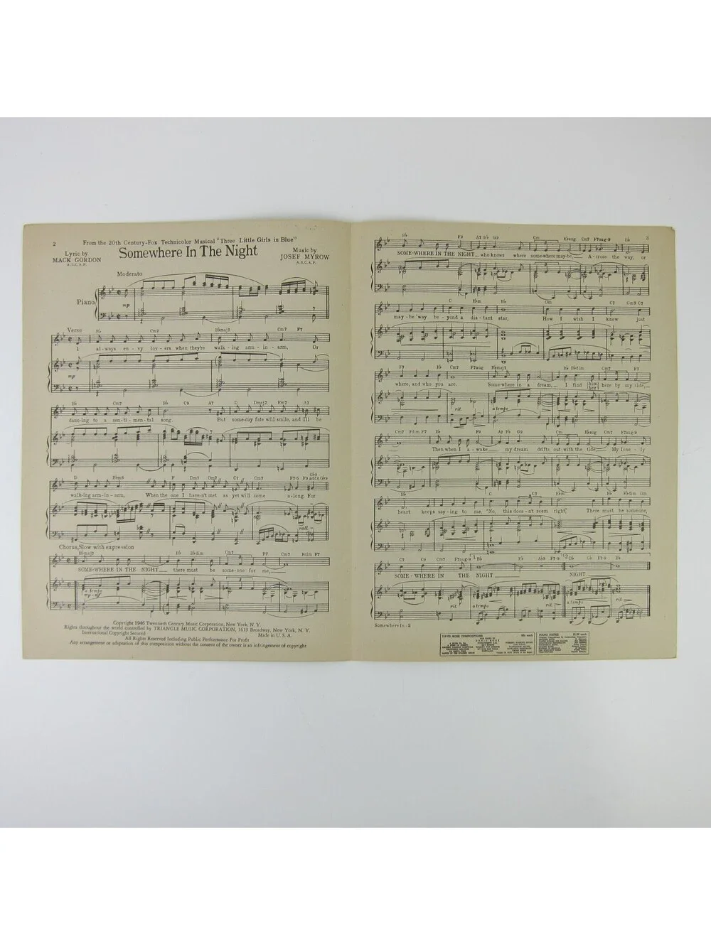 Sheet Music Somewhere in the Night Three Little Girls In Blue Film Vintage 1946